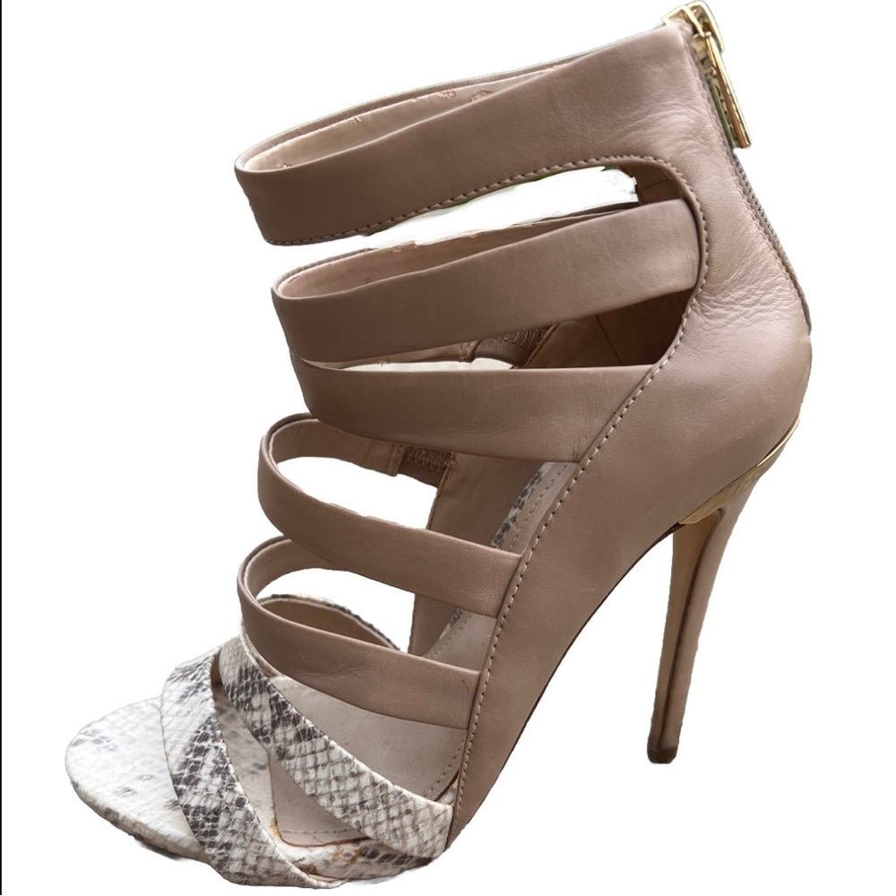 Aldo Tan and White Stiletto Heels with Cage Design and Snake Skin